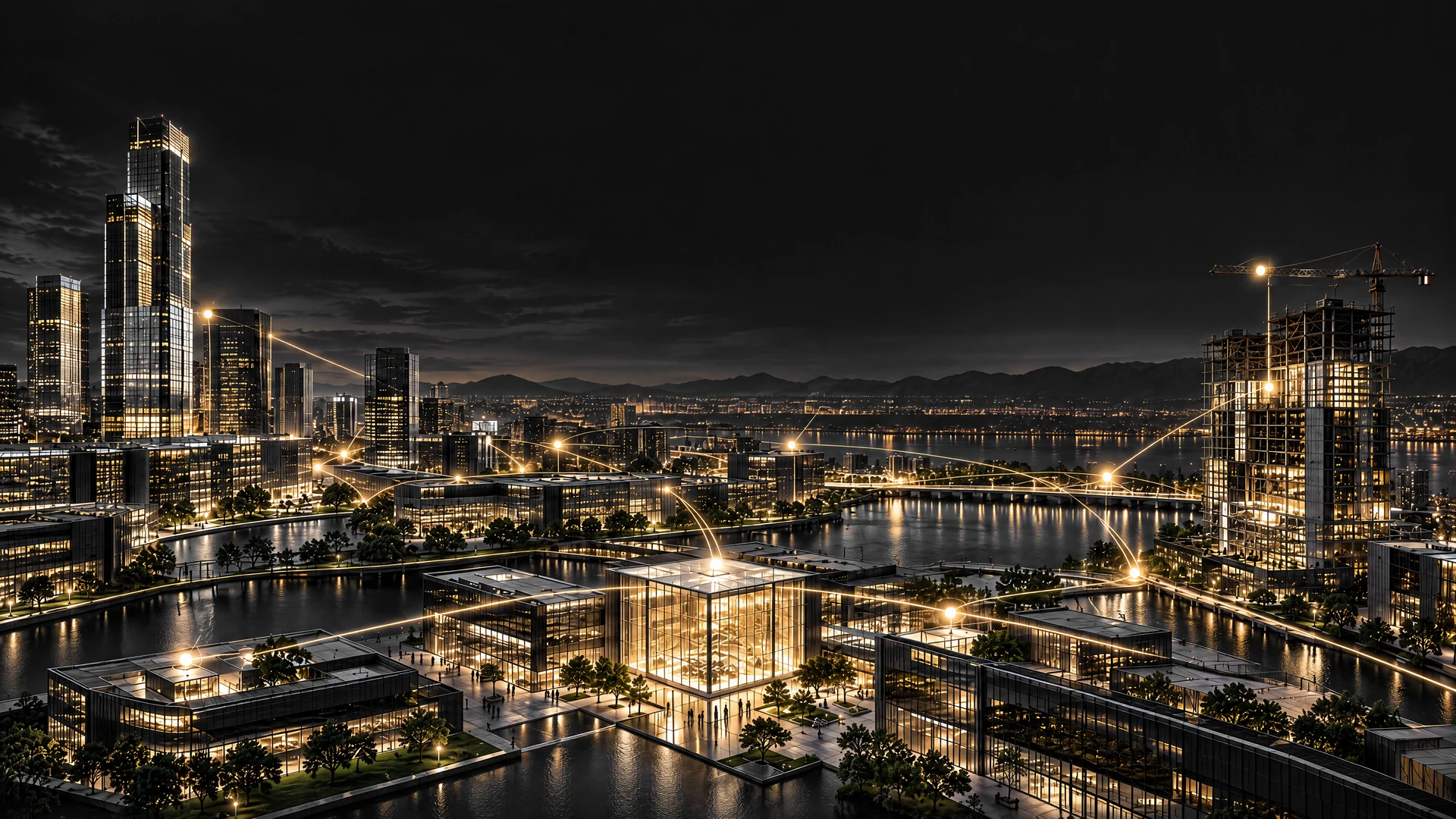 Connected waterfront cityscape with illuminated architecture.